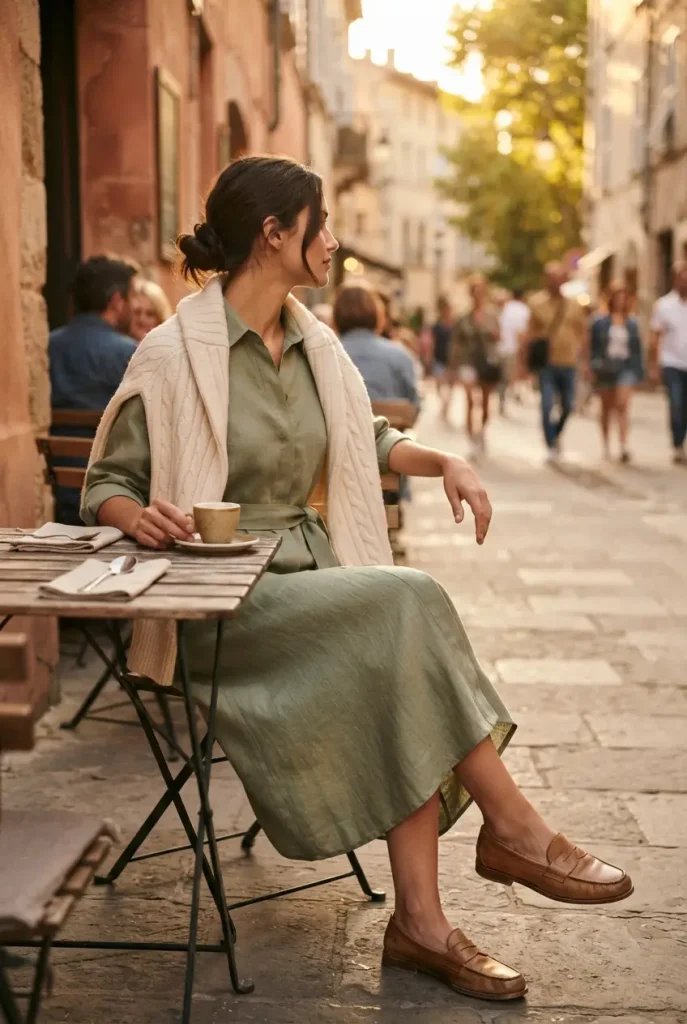 Belted sage green linen midi dress with tan loafers at an outdoor cafe table