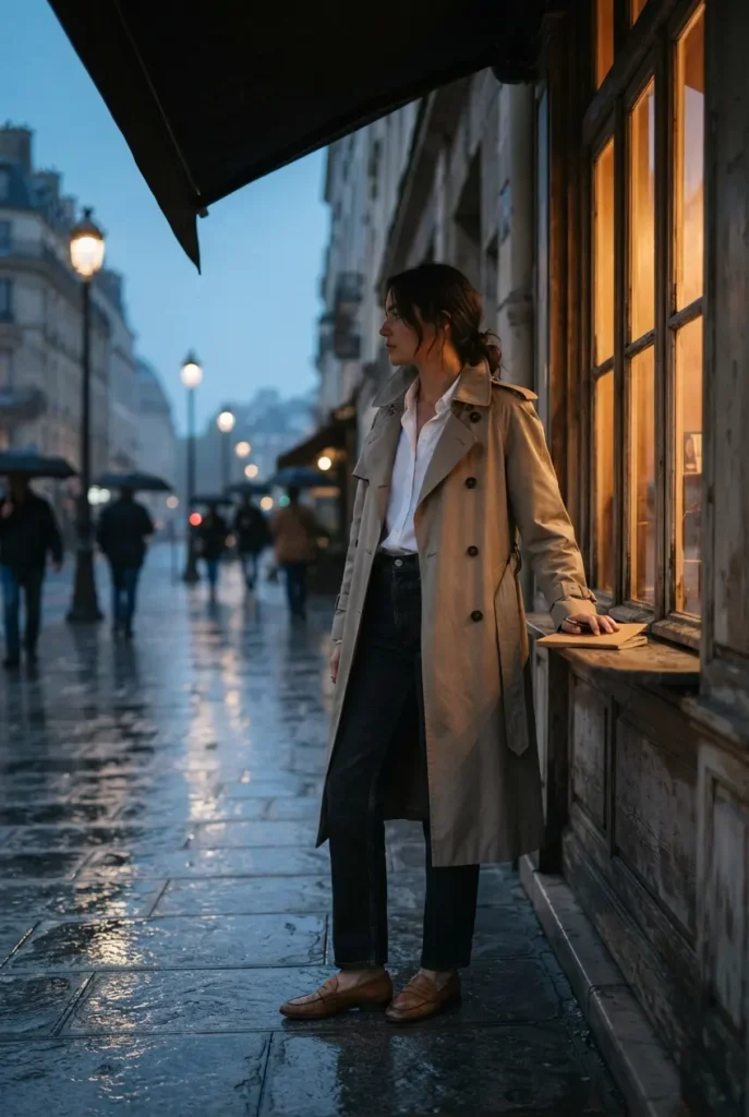 Belted trench coat, white button-down and loafers styled as a detective Halloween costume.
