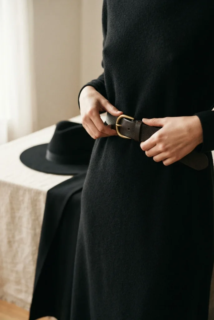 Belting a black maxi dress for a minimalist witch plus size Halloween costume.