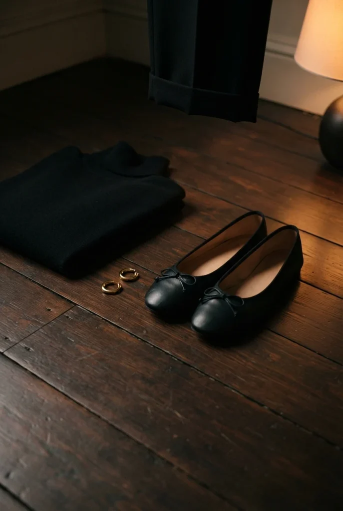 Black ballet flats, turtleneck and gold hoops for a last minute black cat Halloween costume.