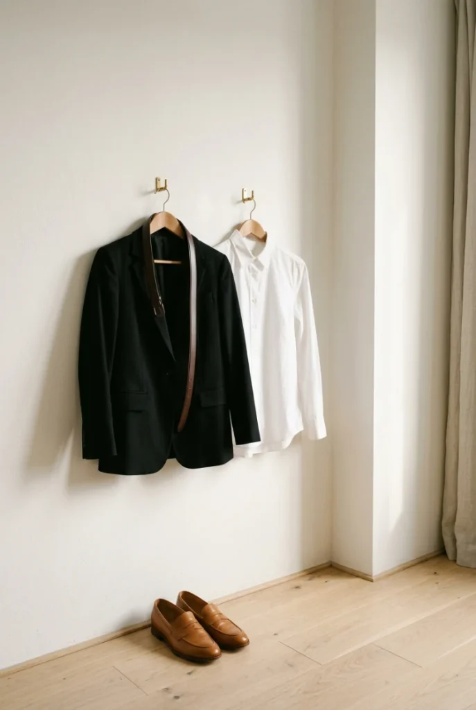 Black blazer and white button-down on wooden hangers with tan loafers in a neutral capsule closet