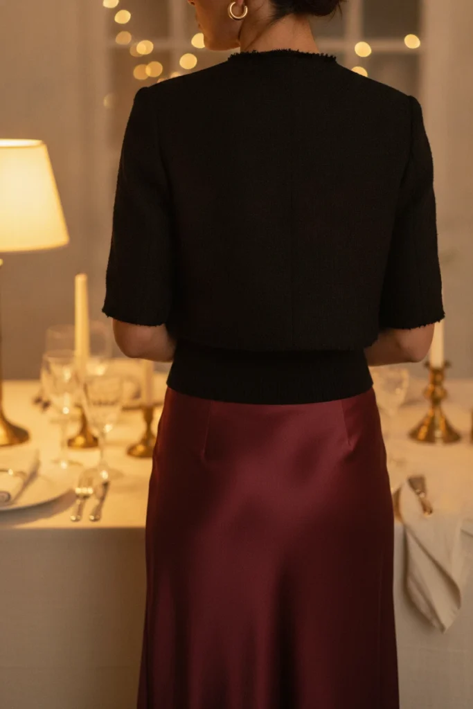 Black bouclé jacket with a burgundy satin midi skirt for a holiday night out jacket outfit