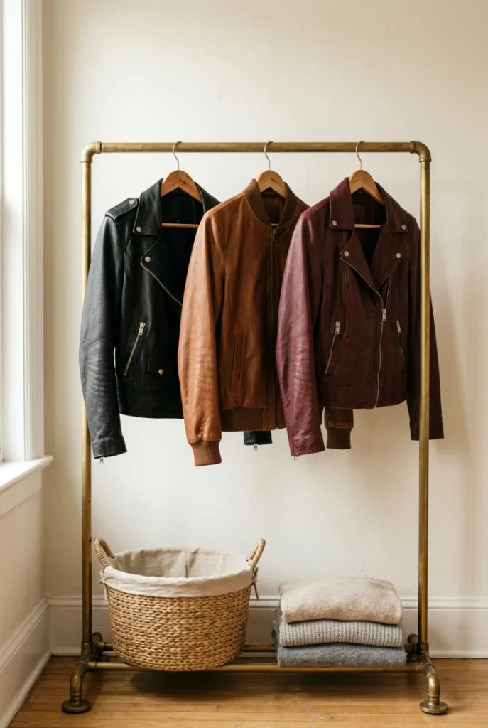 Black, brown, and burgundy leather jackets on wooden hangers on a garment rack Type