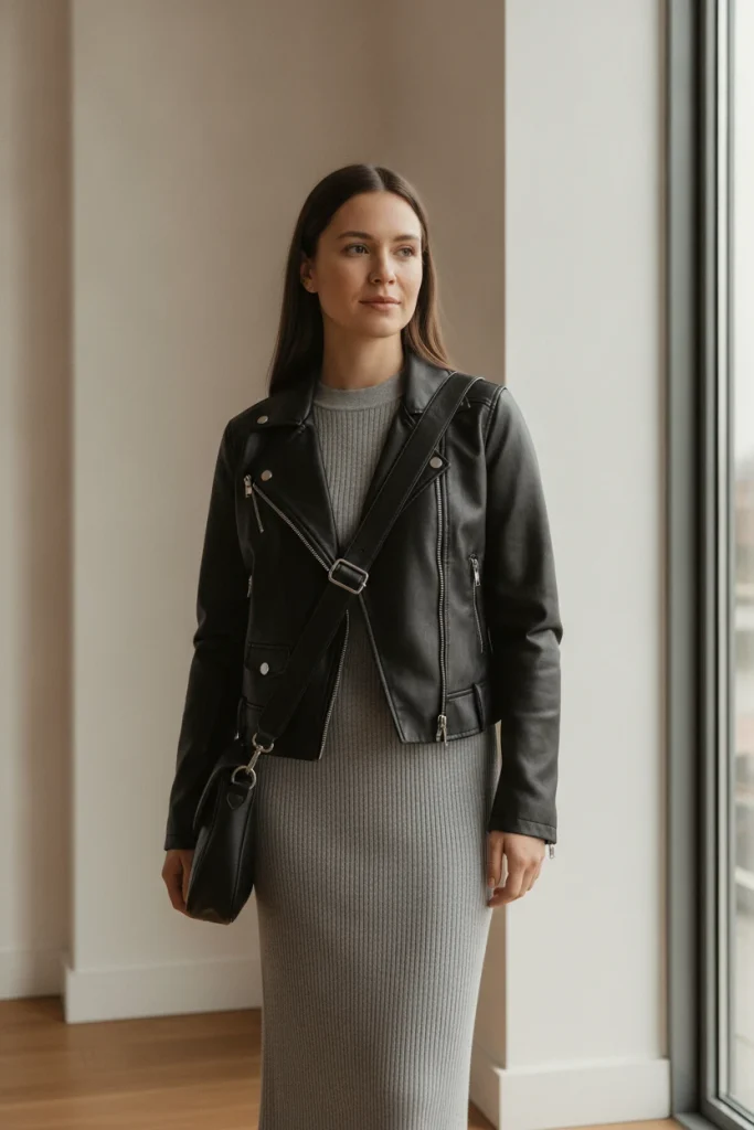 Black faux leather moto jacket over a gray knit midi dress, a leather jacket outfit for women over 50
