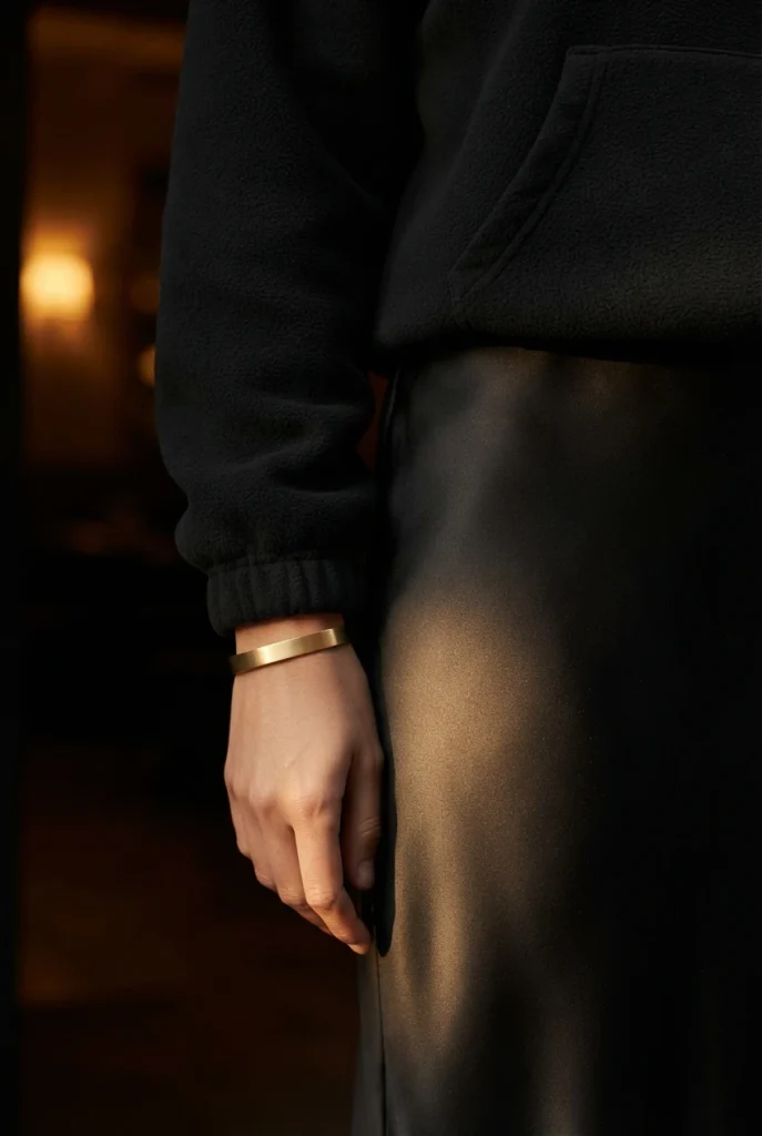 Black fleece hoodie cuff against a black satin midi skirt with a gold cuff bracelet