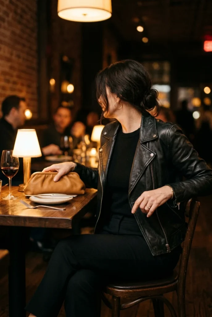 Black leather jacket date night outfit broken up with a camel clutch, over 50 Type