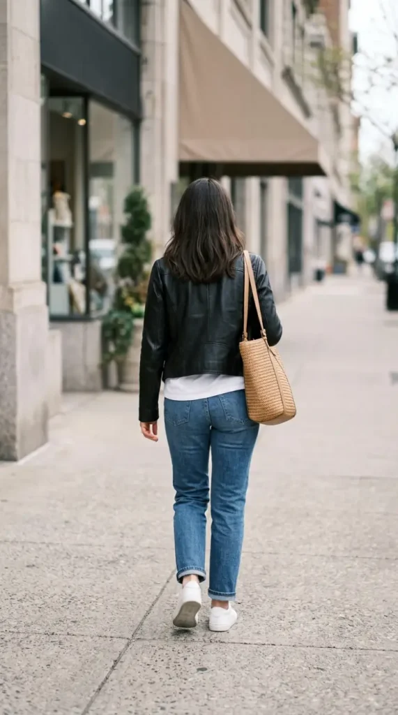 Black leather jacket outfit with white tee, straight jeans and white sneakers