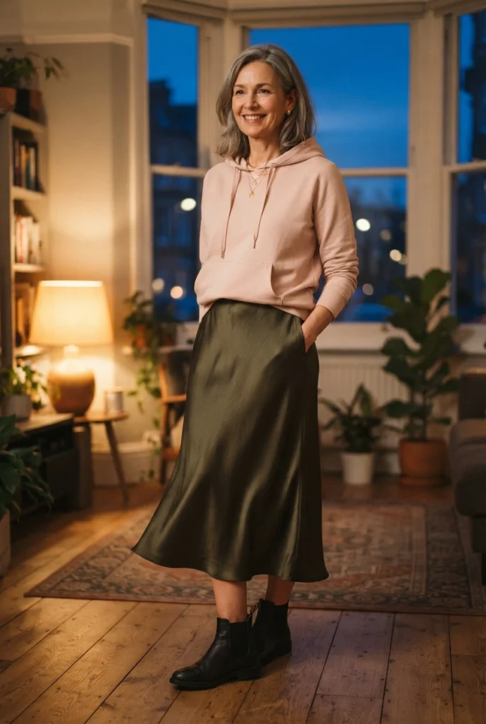Blush hoodie half-tucked into an olive satin midi skirt with black ankle boots