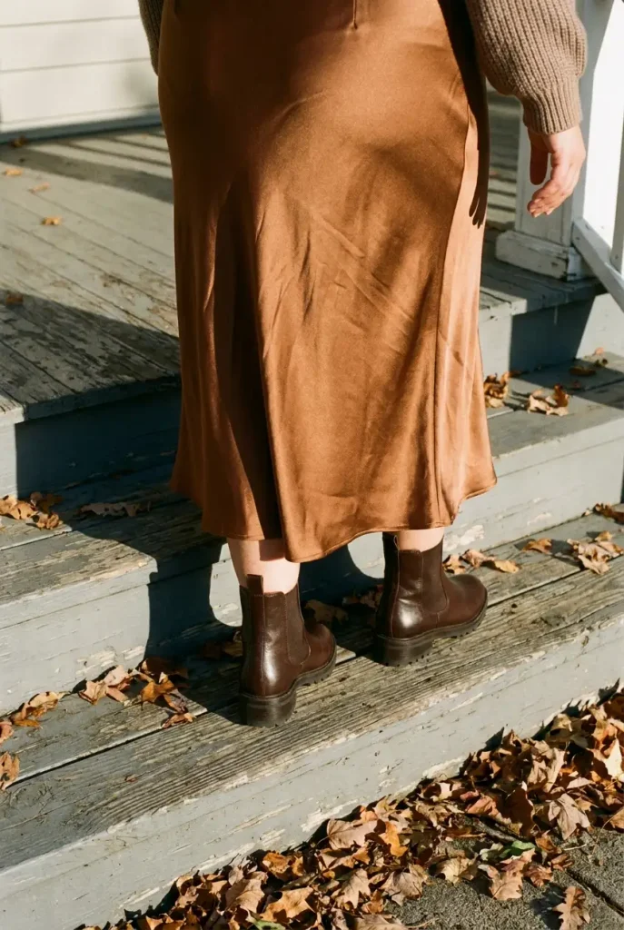 Bronze satin midi slip skirt worn with dark brown lug-sole ankle boots on porch steps.
