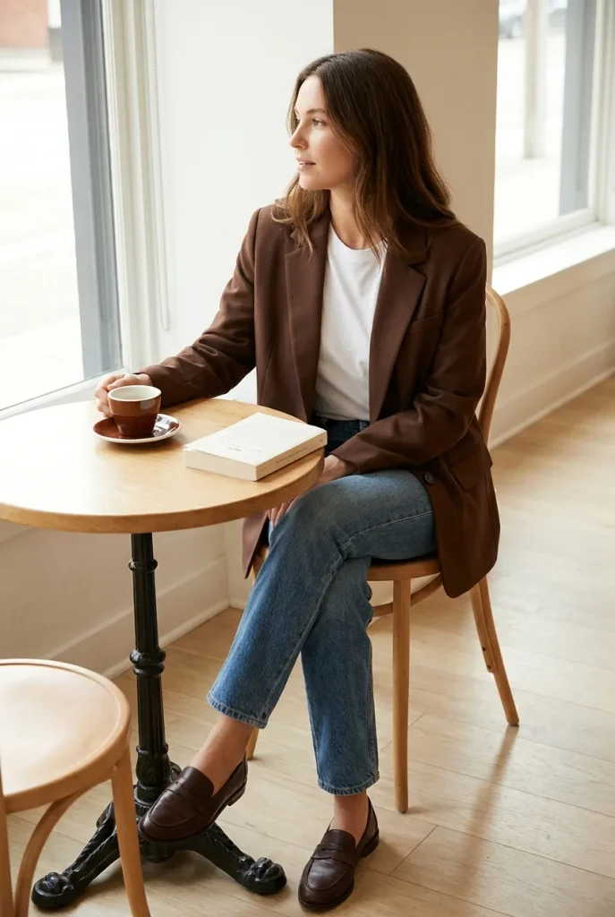 Brown blazer with a white tee and jeans, a business casual brown outfit