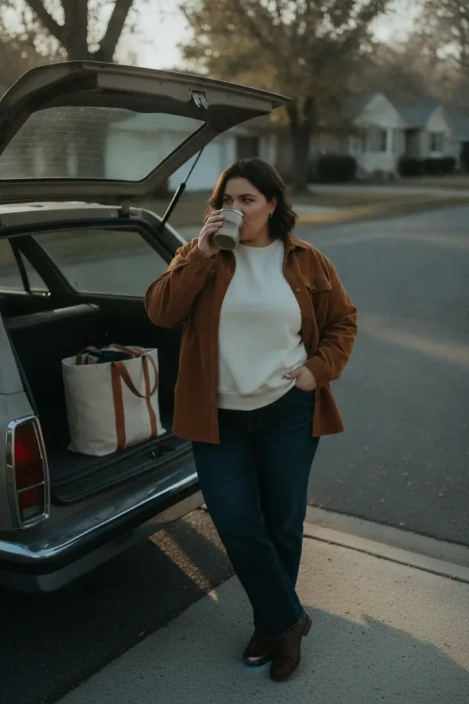 Brown corduroy shacket over a cream sweatshirt and dark jeans on a school-run morning.