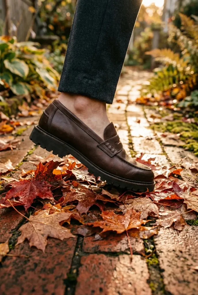 Brown loafer with a rubber lug sole on wet fall leaves, a grippy shoe choice for women over 60