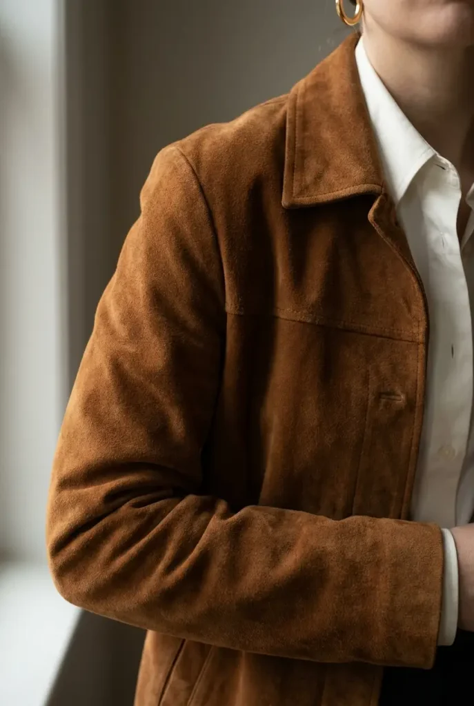 Brown suede jacket over a white button-down, a fall brown outfit detail