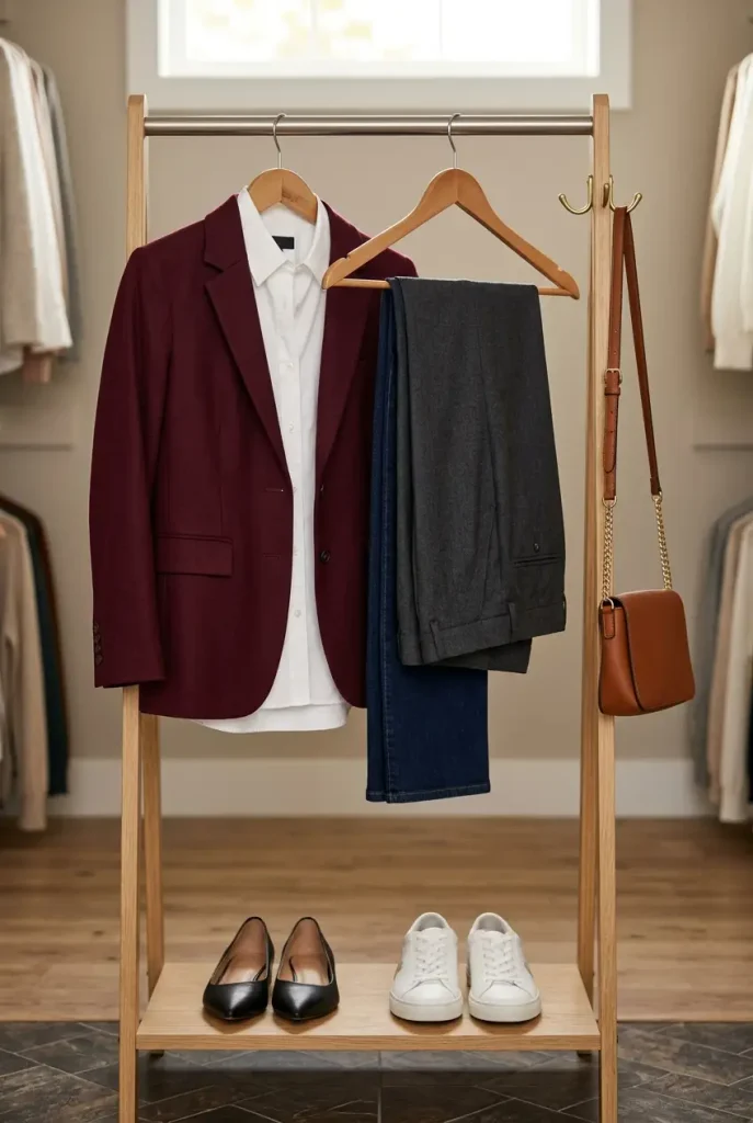 Burgundy blazer on a wooden hanger over a white button-down with office and weekend shoes below