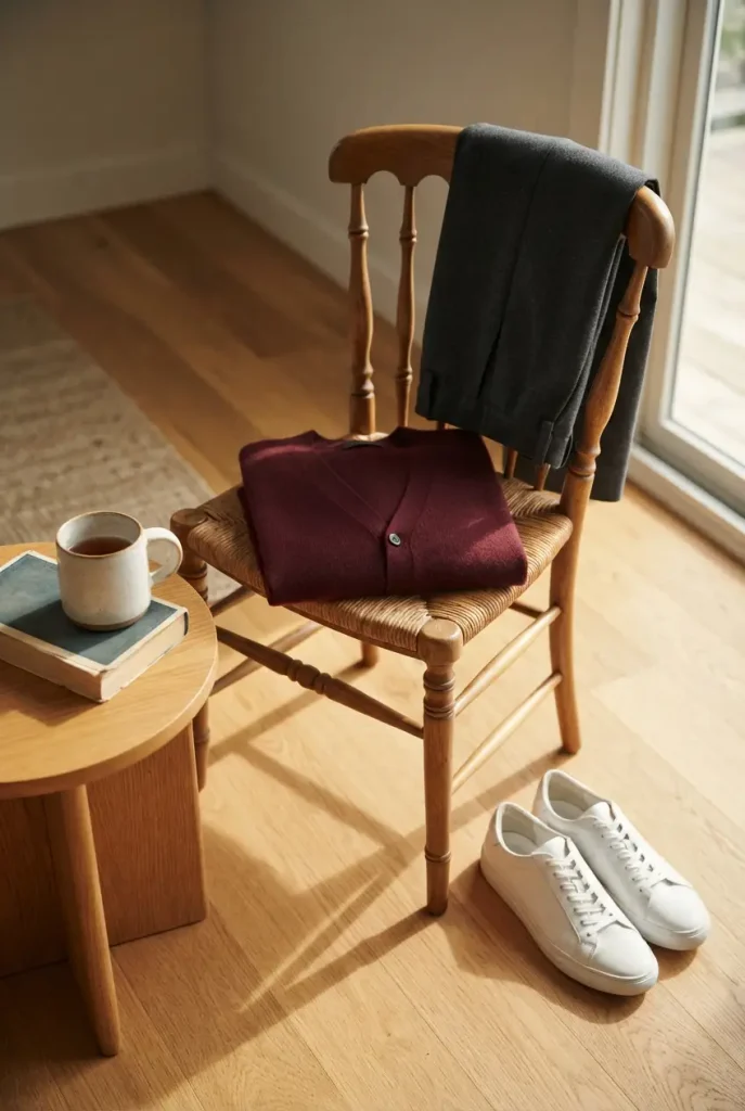 Burgundy cardigan folded on a wooden chair with charcoal wide-leg trousers, a midsize fall WFH outfit