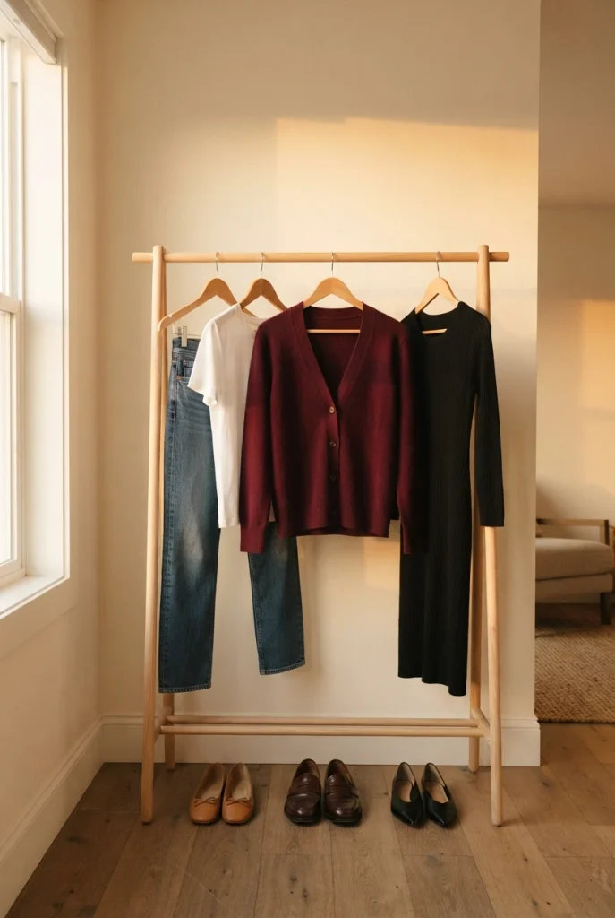 Burgundy cardigan on a garment rack with a tee, jeans and a black dress for three capsule outfits