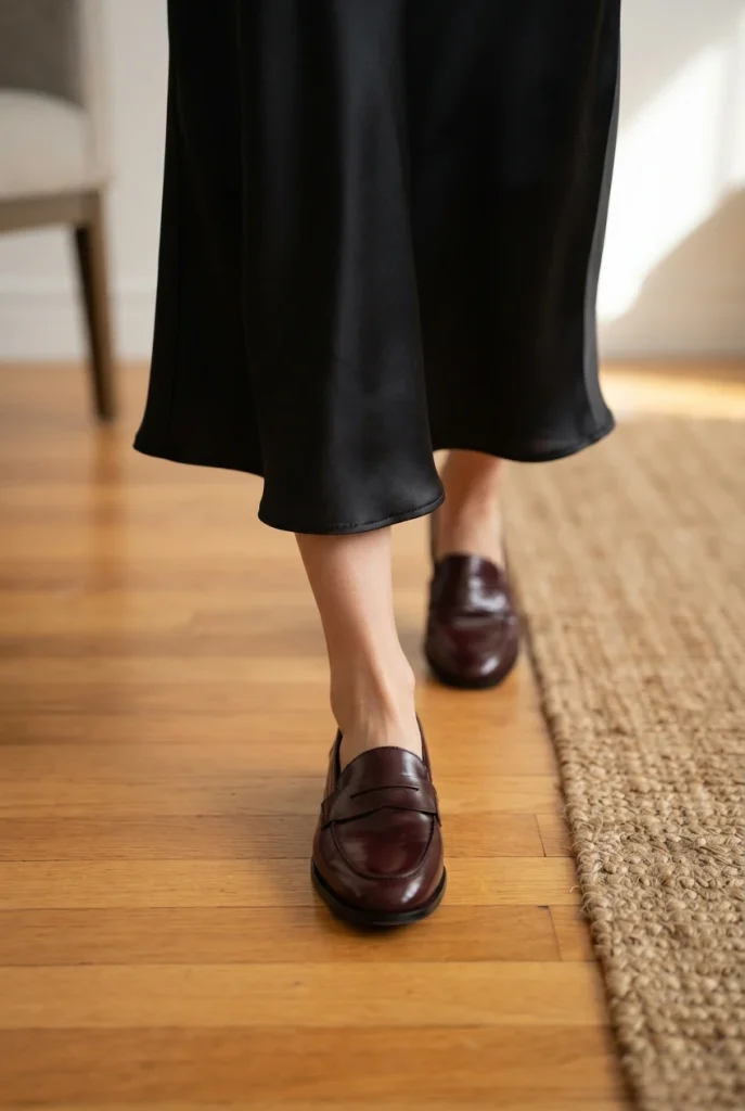 Burgundy loafers with bare ankles under a black satin midi skirt, a fall look for hot days