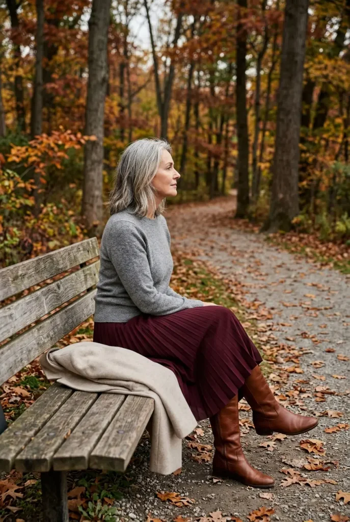 Burgundy midi skirt with a gray sweater and brown knee boots on a woman over 50 in a fall park