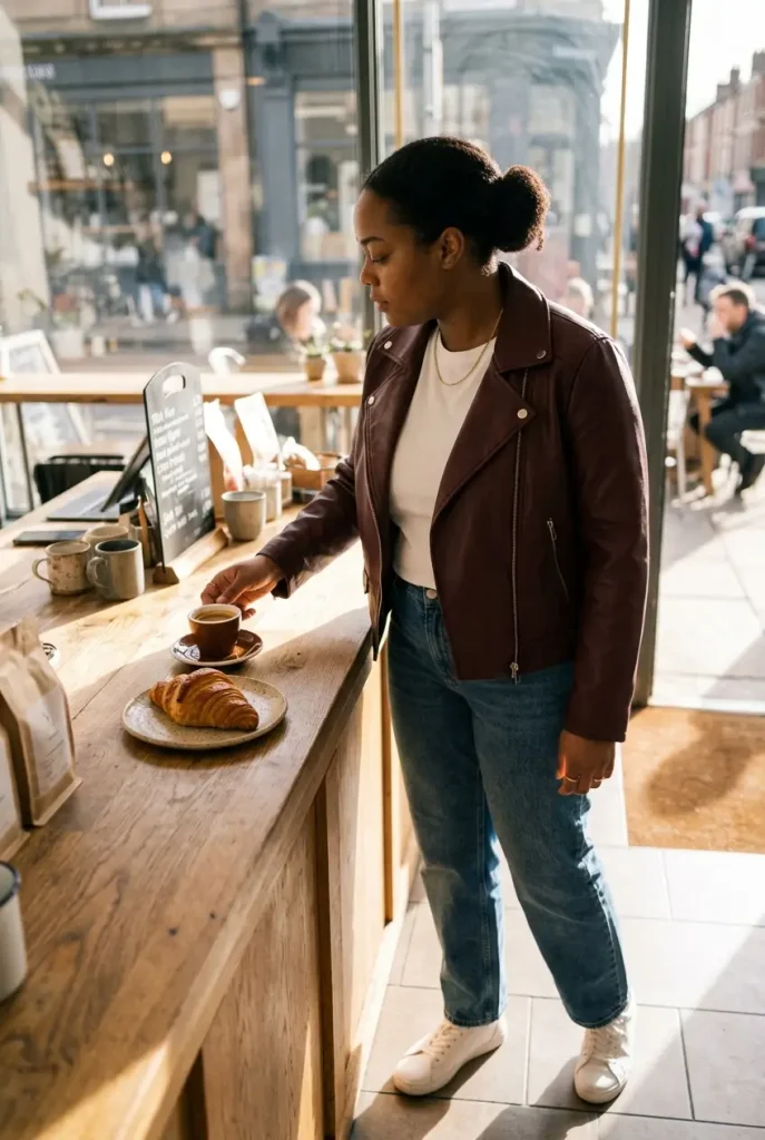 Burgundy moto jacket with a white tee and straight jeans for a plus-size weekend café outfit