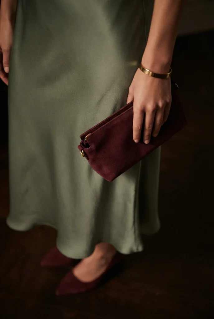 Burgundy suede clutch and gold cuff against a Sage Green Outfits for Women Over 50 satin skirt at night