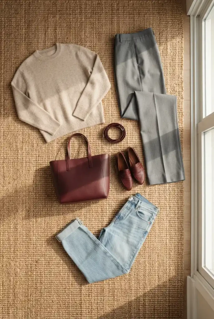 Burgundy tote, loafers and belt styled with oat, gray and denim neutrals in a flat-lay
