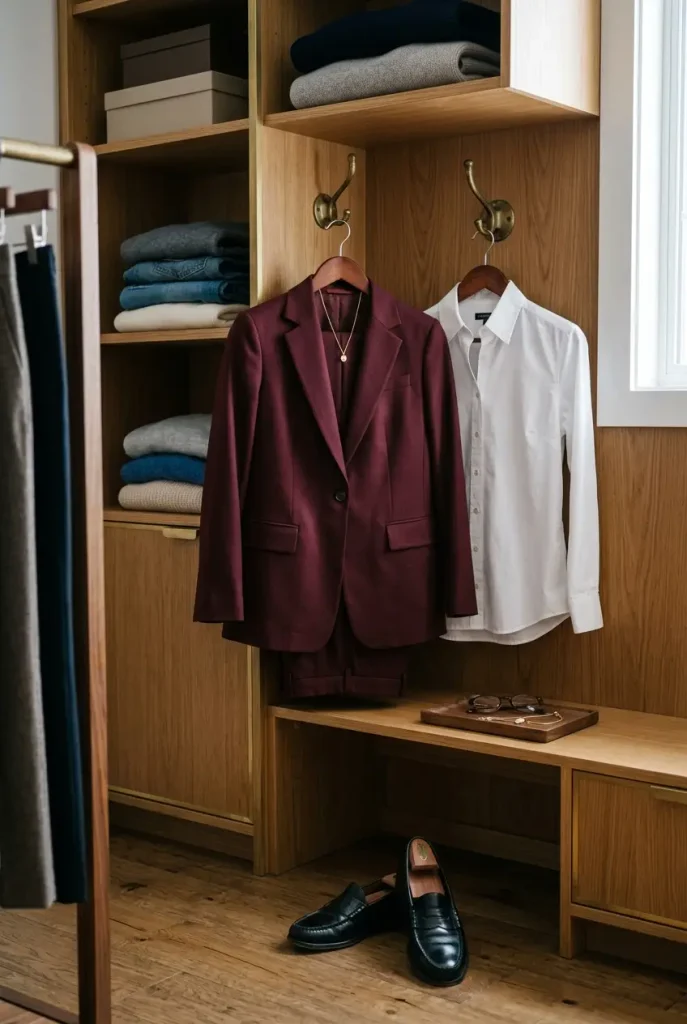 Burgundy trouser suit on a wooden hanger beside a white button-down and black loafers