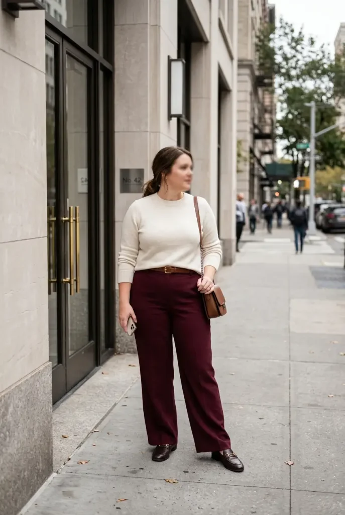 Burgundy wide-leg trousers with a cream knit and loafers styled for a plus-size work outfit