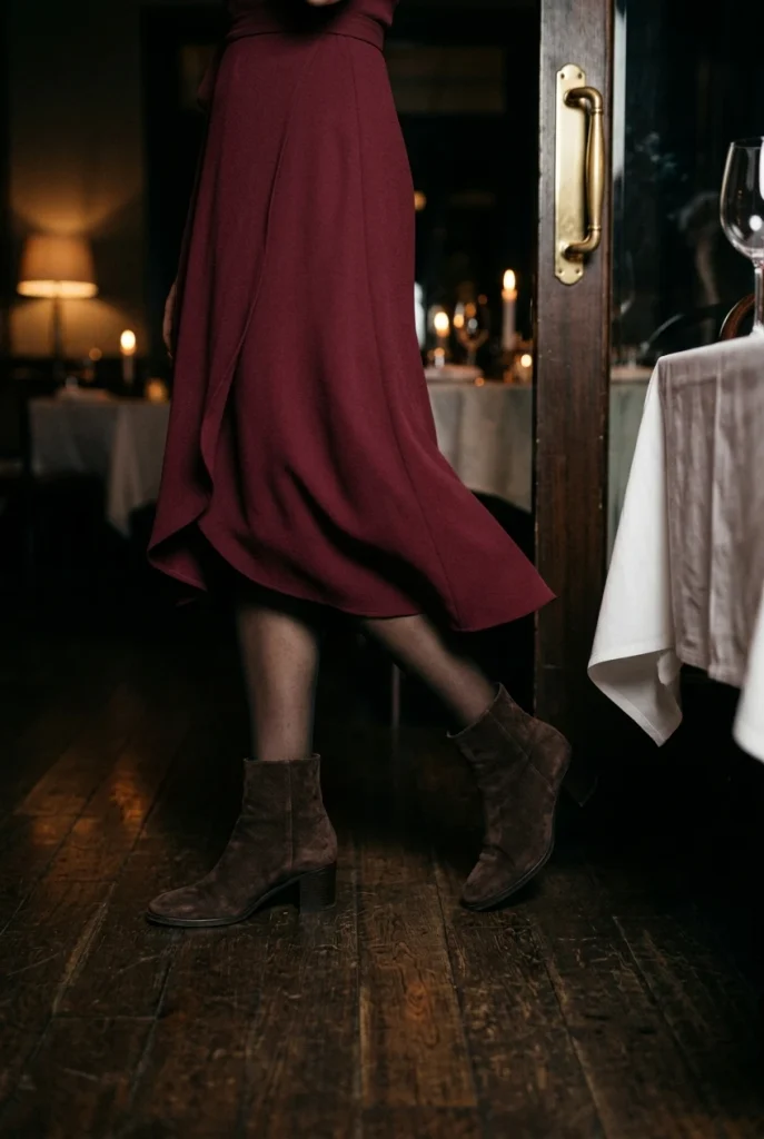 Burgundy wrap dress hem with sheer black tights and suede ankle boots for a dinner out