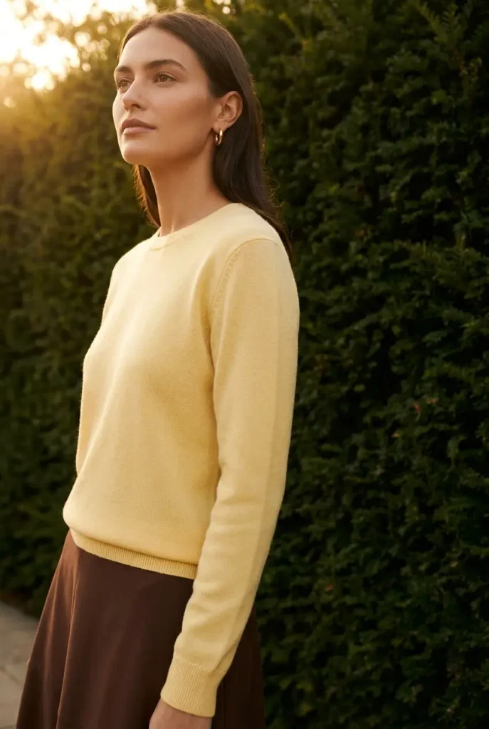 Butter yellow knit with a chocolate brown skirt, a brown outfit that lifts the face