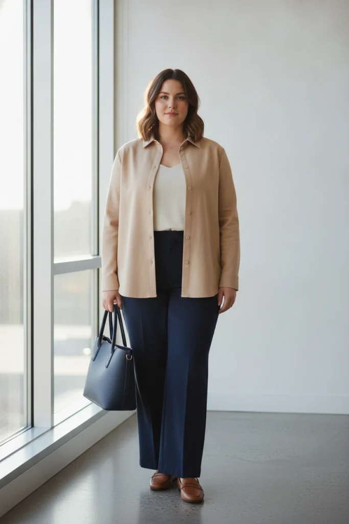 Buttoned oatmeal shacket styled as a blazer with navy trousers and loafers for work.