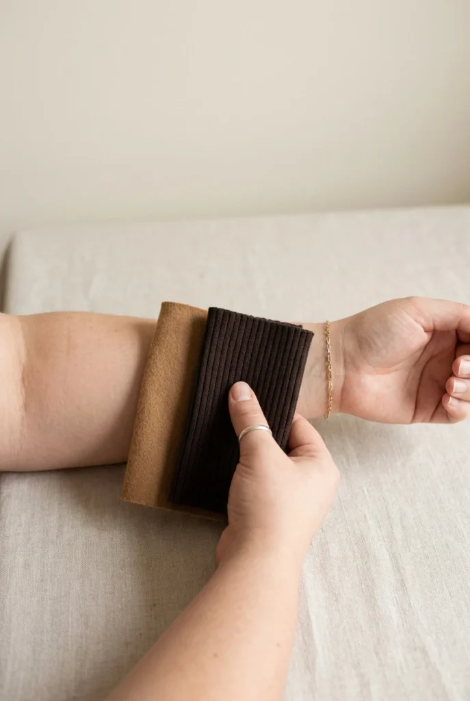 Camel and espresso fabric swatches compared against skin to find the right brown undertone.