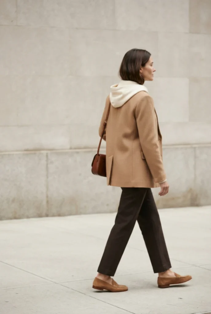 Camel blazer layered over a cream hoodie with trousers and loafers for a fall hoodie outfit