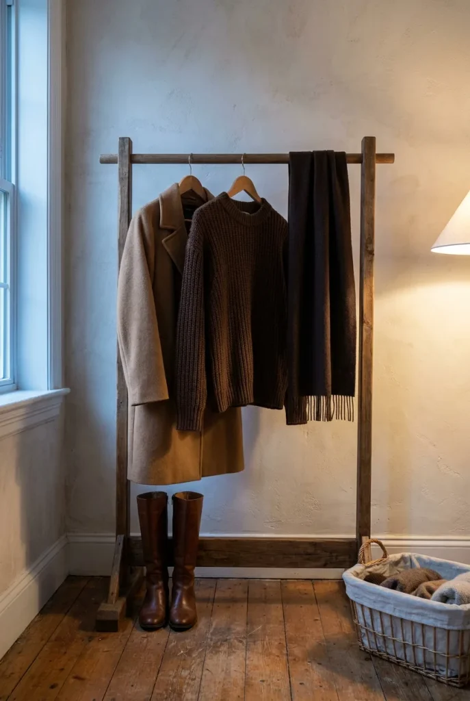 Camel coat, chocolate knit and brown boots on a rack, a brown outfit built for winter