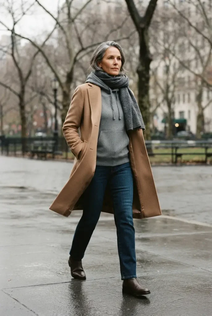 Camel knee-length coat over a grey hoodie with the hood worn outside the collar