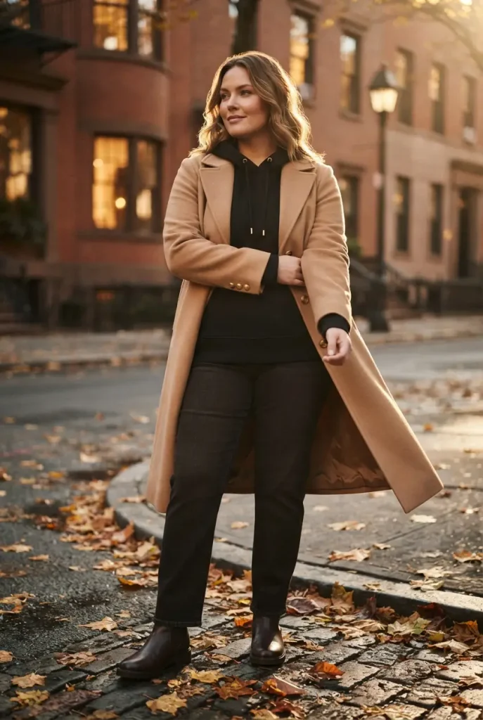 Camel longline coat layered over a black hoodie with the hem showing, plus size fall outfit.