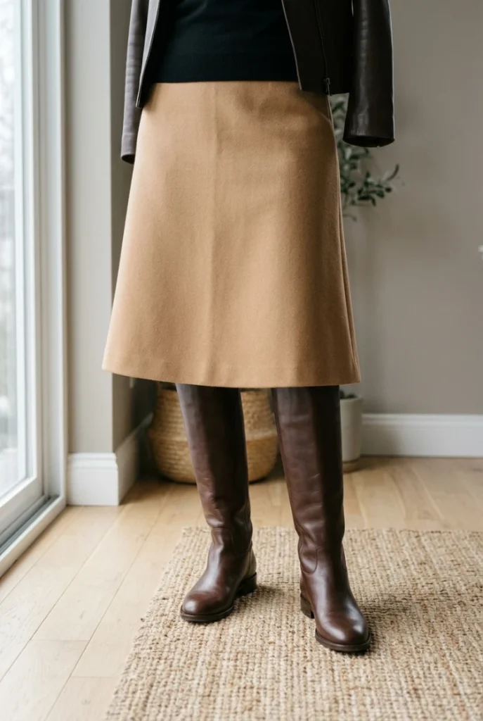 Camel midi skirt with matching knee high leather boots creating one long leg line on hardwood
