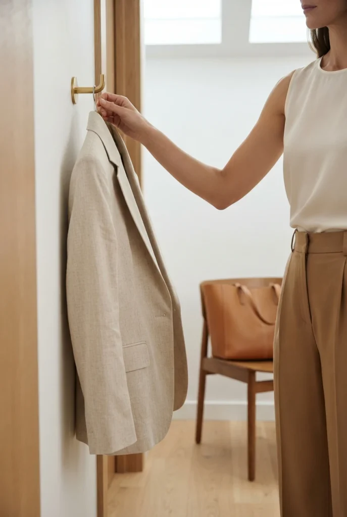 Camel pleated trousers, ivory shell and an unlined oat blazer for a hot commute and cold office