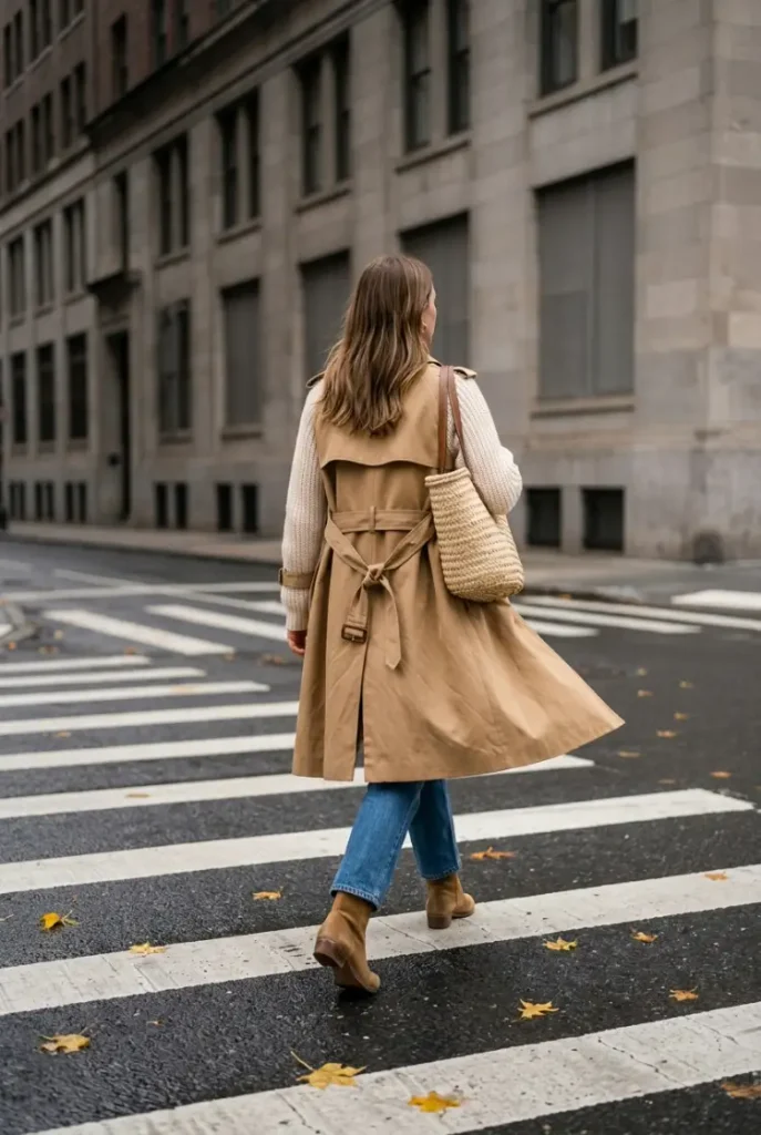 Camel trench coat outfit over a cream knit and dark jeans crossing a city street in fall