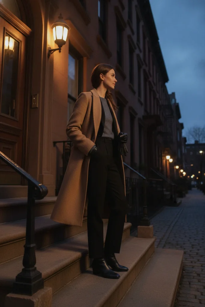 Camel wool coat layered over a black blazer, a winter jacket outfit for women over 50 on city steps