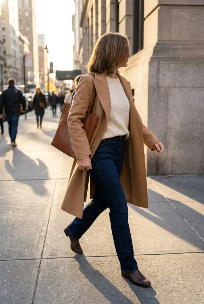 Camel wool coat worn open over a cream sweater and indigo jeans