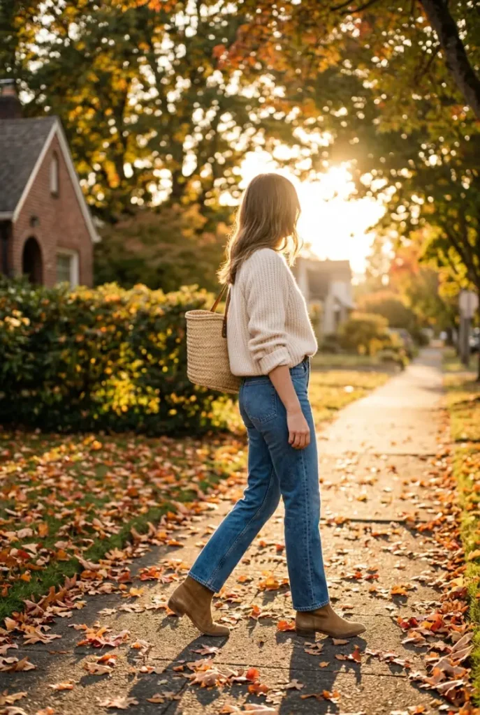 Casual fall outfit with cream knit sweater, straight-leg jeans and tan ankle boots on a leafy sidewalk
