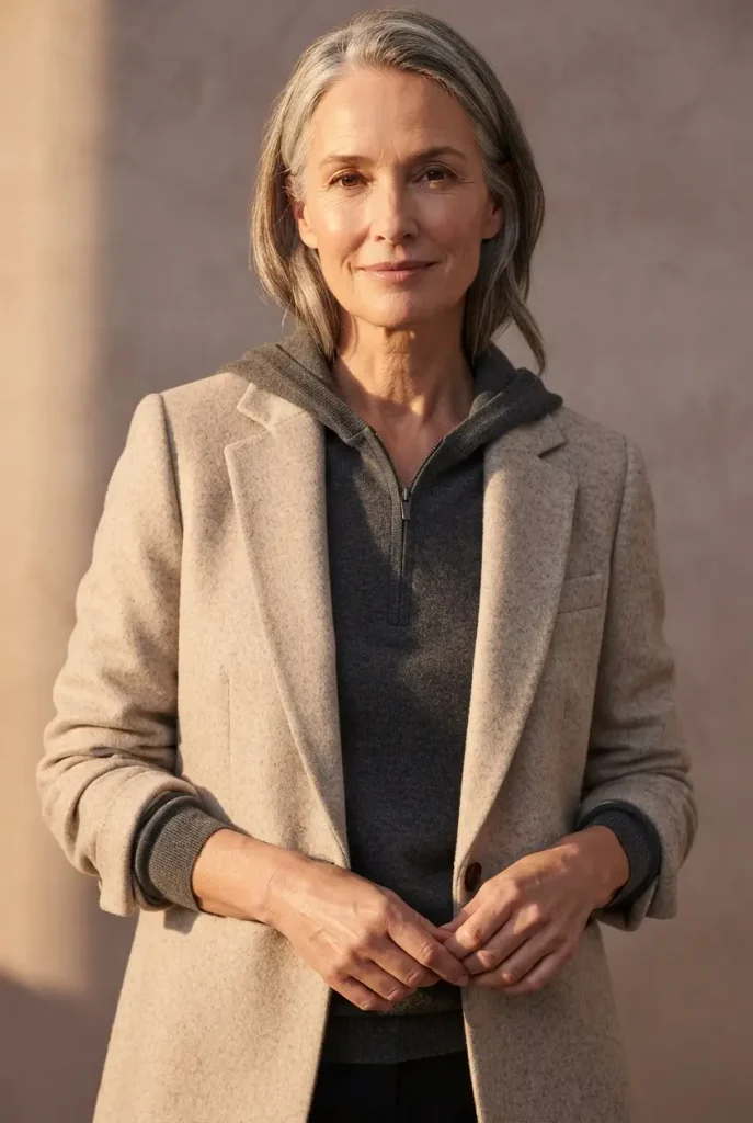 Charcoal half-zip hoodie layered under an open oatmeal blazer with pushed sleeves