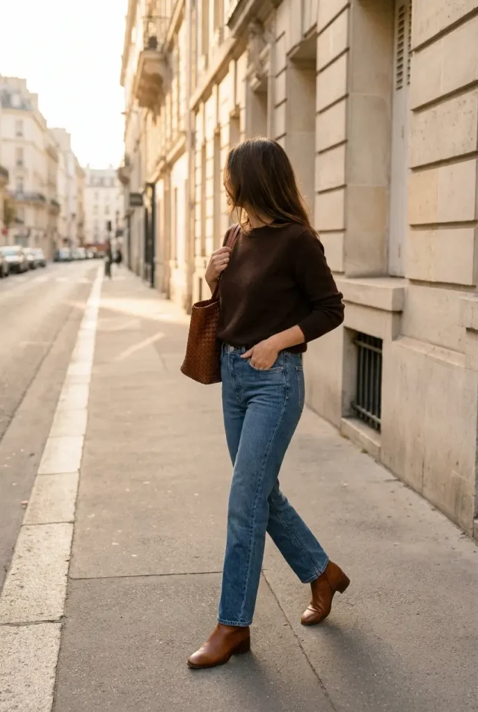 Chocolate brown knit and straight leg jeans, a fall brown outfit with cognac boots