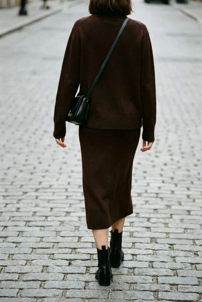 Chocolate brown skirt and knit worn with black boots and a black bag