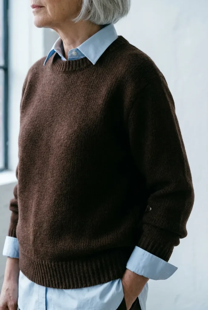 Chocolate brown sweater layered over a frost blue shirt collar and cuffs