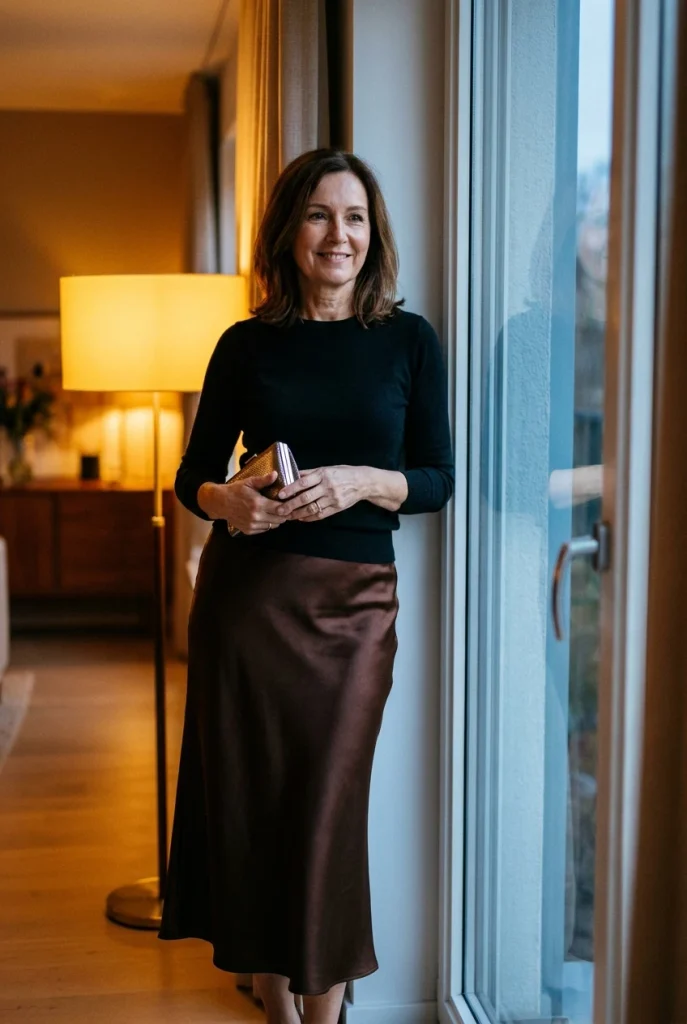 Chocolate satin midi skirt with a black knit top for evening
