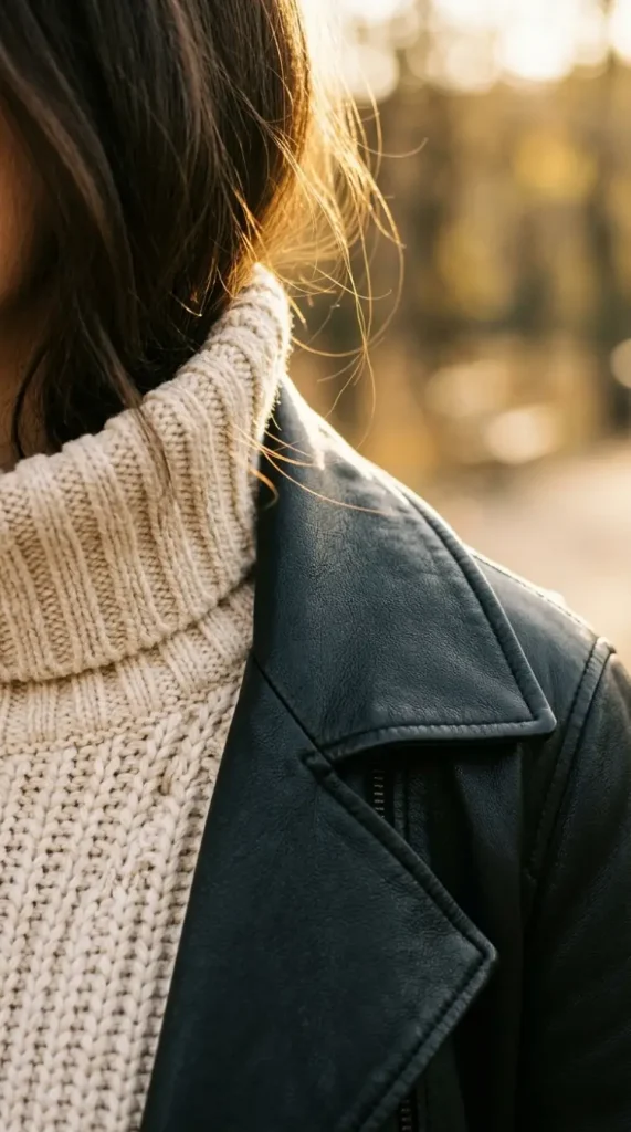 Chunky cream knit layered under a black leather jacket, close detail