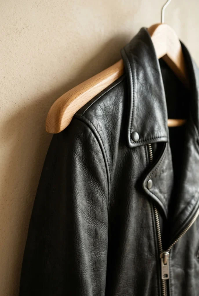 Close up of a black leather jacket on a wooden hanger showing the shoulder seam and zipper