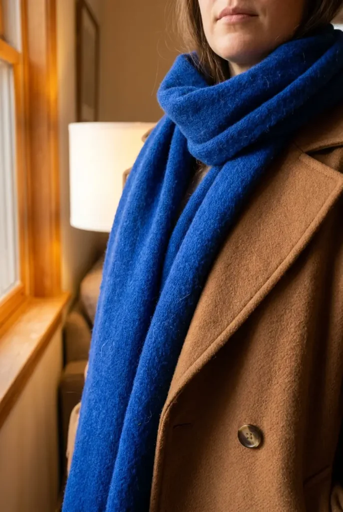Close-up of a cobalt blue scarf layered over a camel brown wool coat.