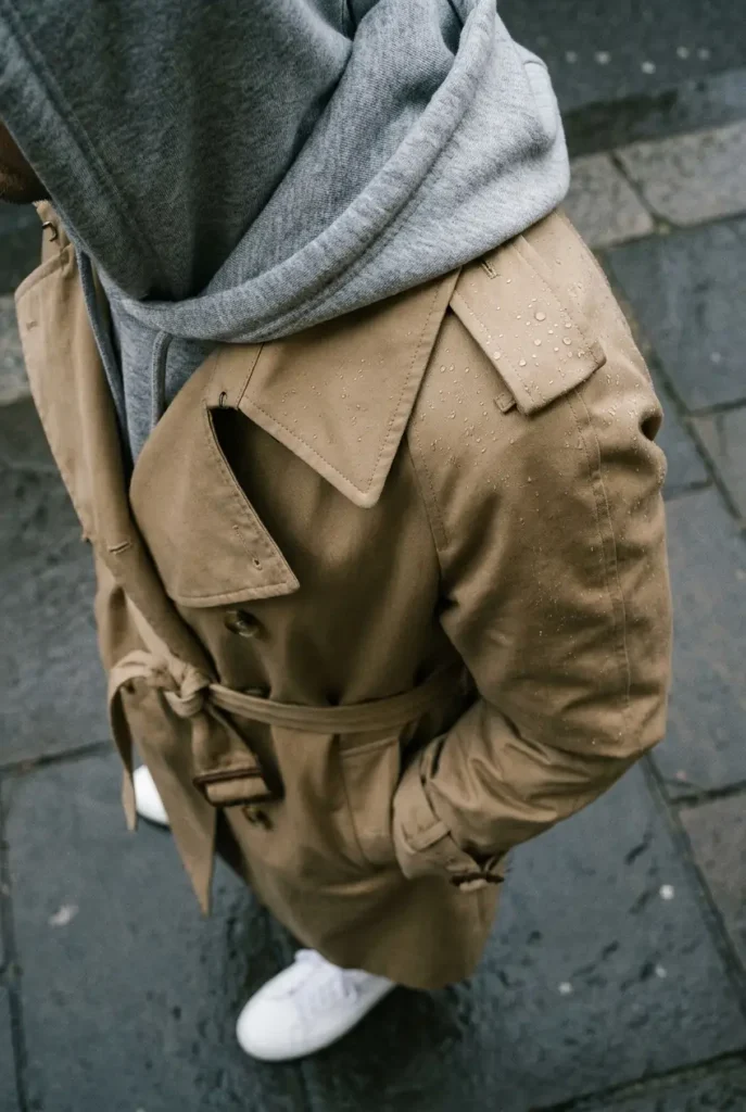 Close-up of a gray hoodie layered under a tan trench coat for a rainy day loungewear outfit